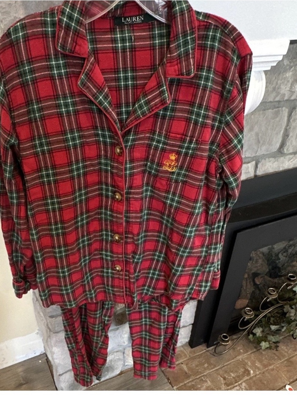 Lauren Ralph Lauren Red and Green Plaid Pajama Set with Gold Crest